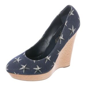 YSL YVES SAINT LAURENT Starfish Print Canvas Platform Wedge Size 9.5 US  EU 39.5